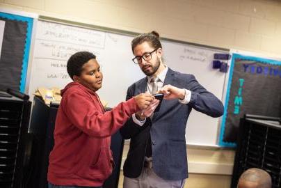 Student teacher in a classroom